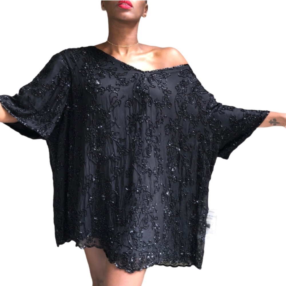 Vintage Black Sequin Shirt Dress